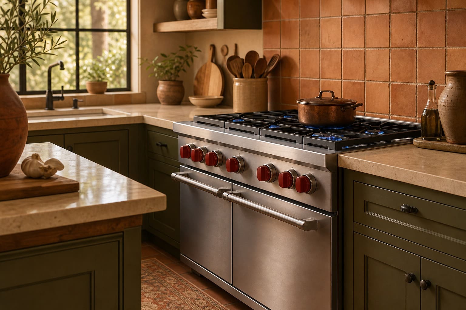 Wolf professional range in a warm Gilroy estate kitchen