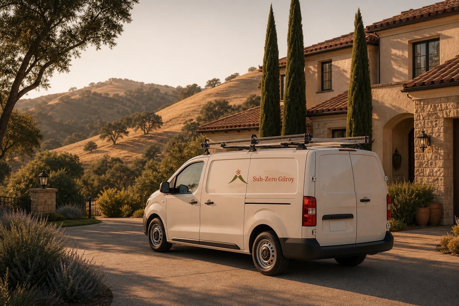 Sub-Zero Gilroy van in a long Eagle Ridge driveway at golden hour