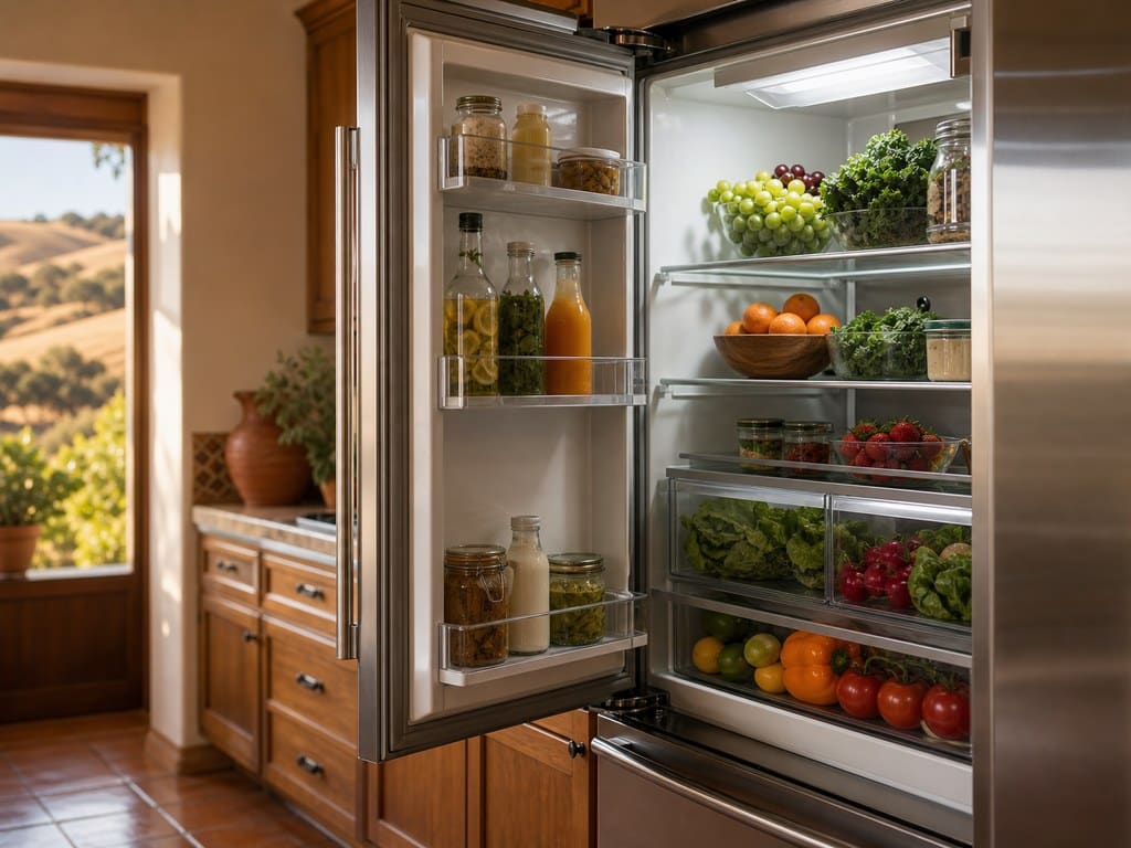 Open stainless built-in Sub-Zero refrigerator full of fresh food in a Gilroy kitchen