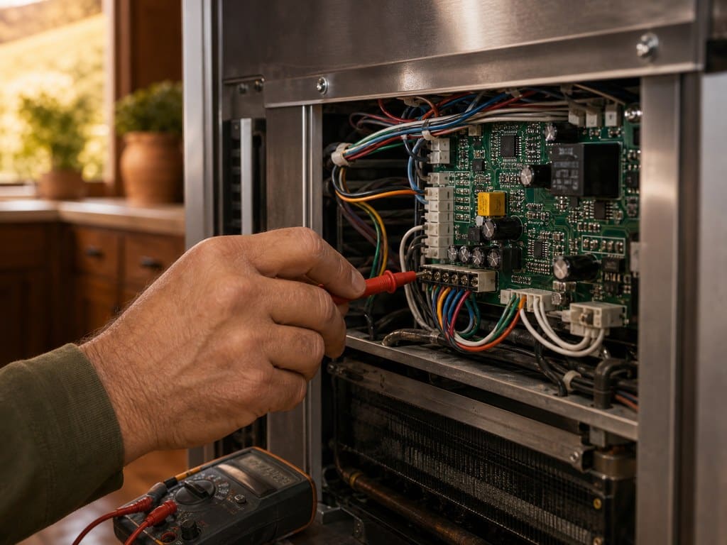 Technician testing the control board of a built-in Sub-Zero with a multimeter probe