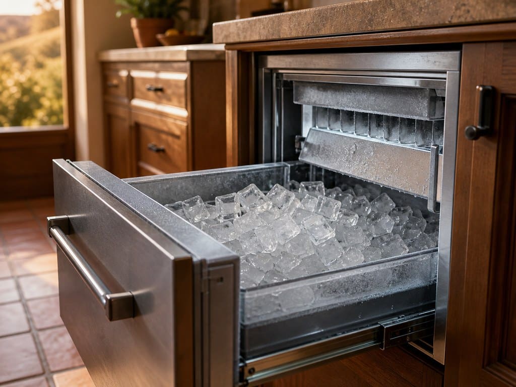 Built-in Sub-Zero freezer drawer and clear-ice maker full of fresh ice