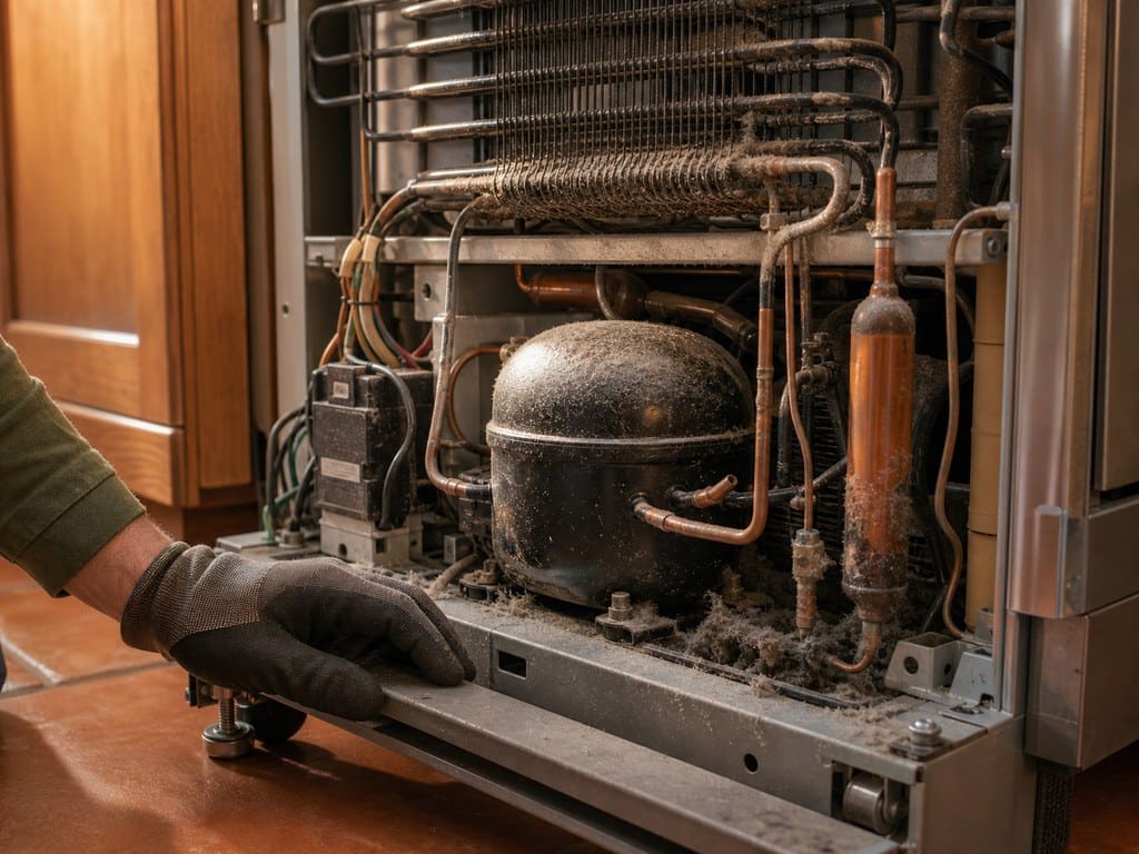 Lower sealed-system compartment of a built-in refrigerator with condenser coils and copper lines