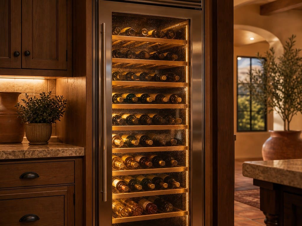 Built-in Sub-Zero wine storage column stocked with bottles under warm LED light in an Eagle Ridge kitchen