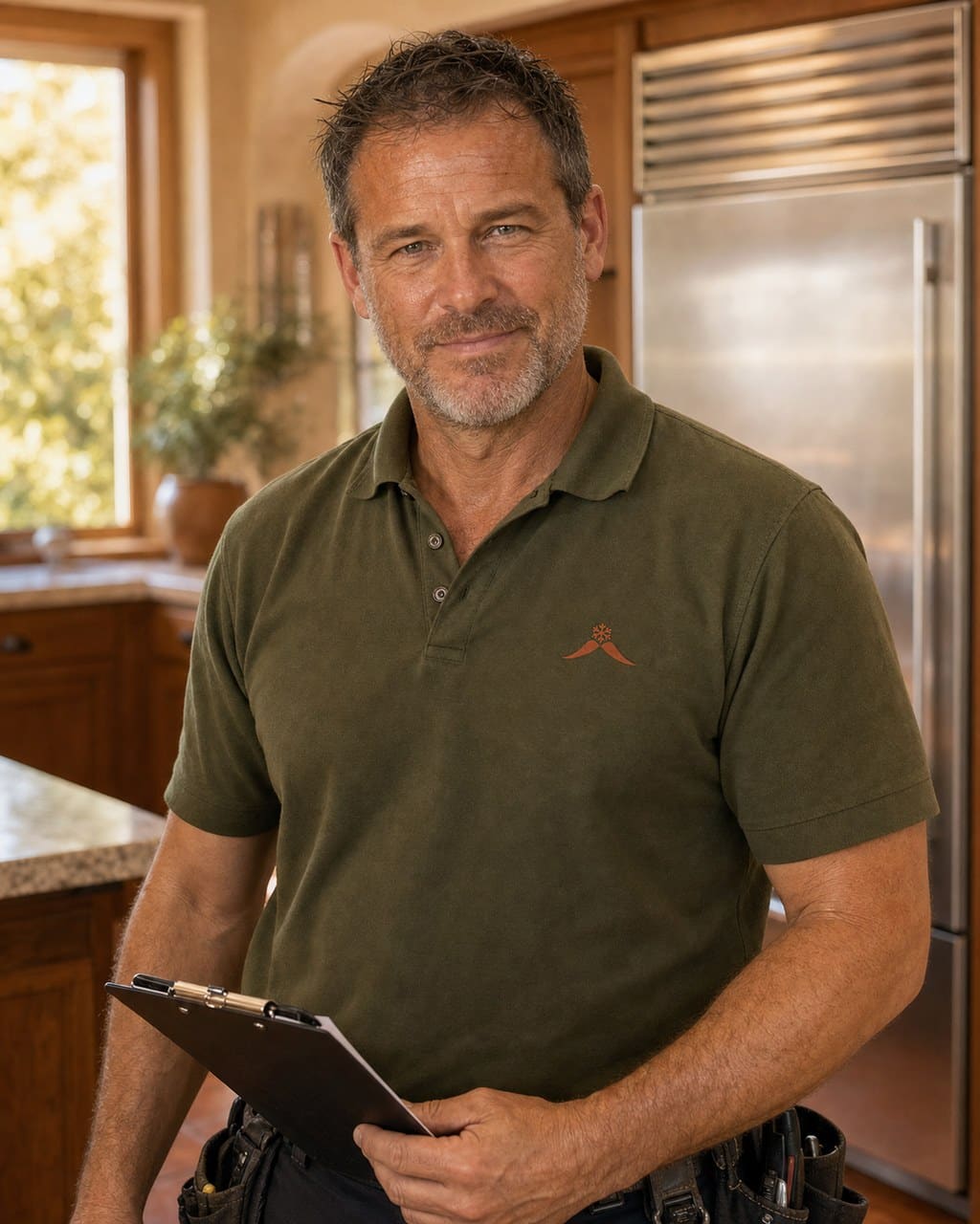 Lead Sub-Zero Gilroy repair technician in an olive work polo in a South County kitchen