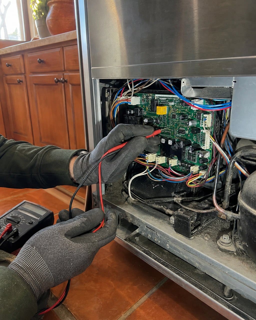 Sub-Zero control board and sensor harness exposed during a Gilroy diagnosis
