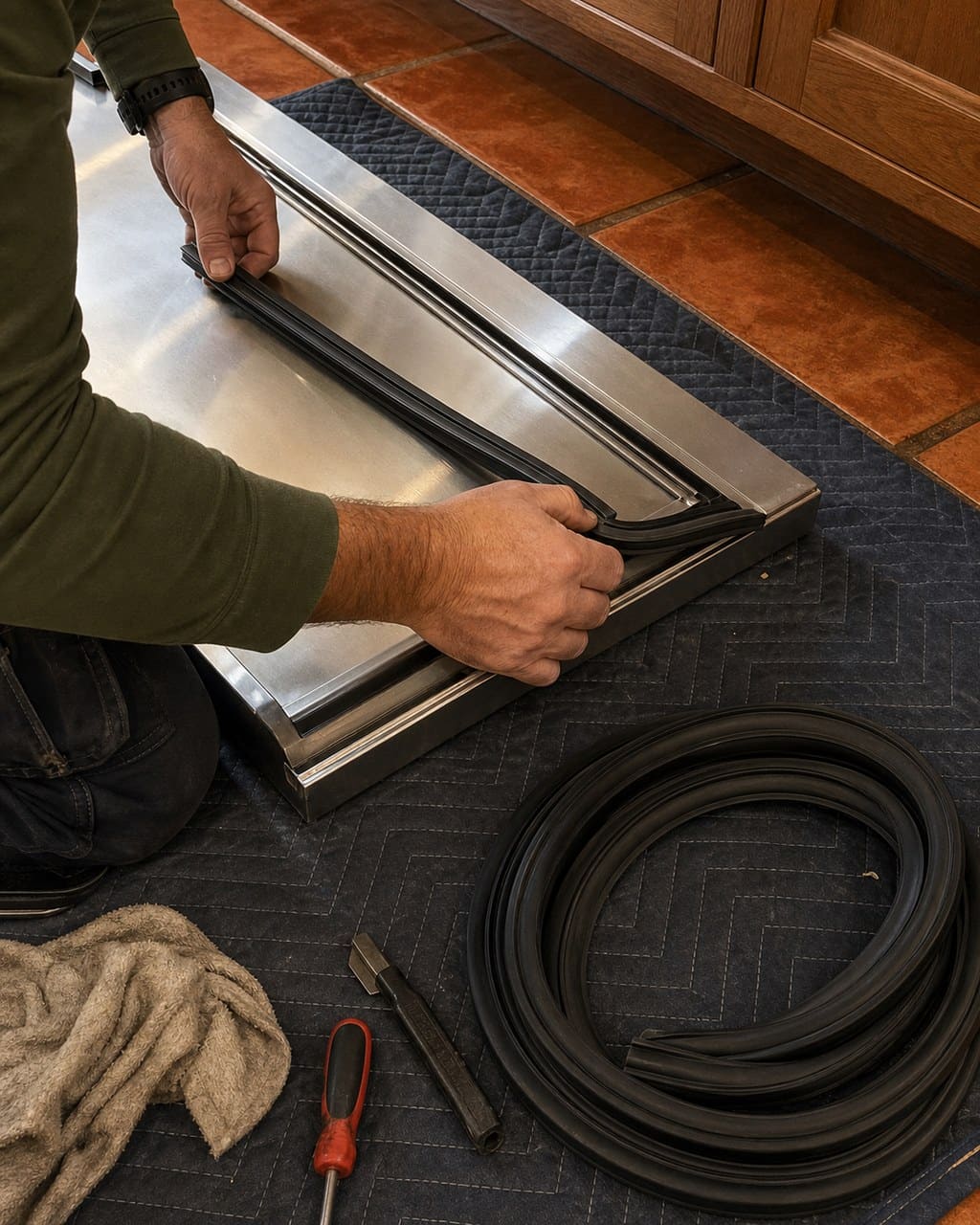 Hands fitting a new OEM door gasket onto a stainless Sub-Zero refrigerator door