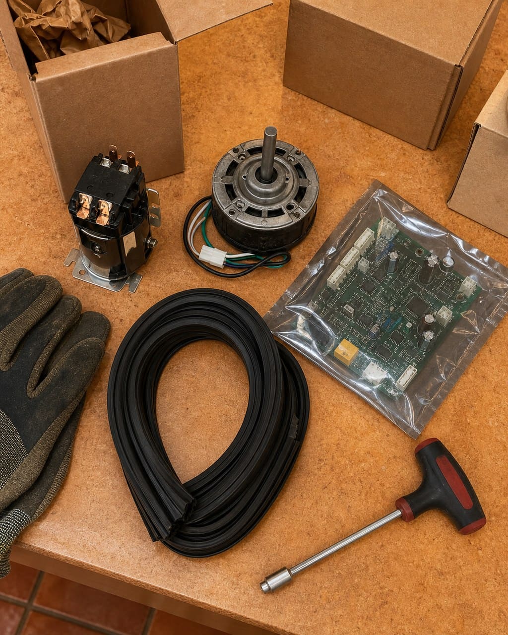 Genuine OEM Sub-Zero parts laid out on a warm counter: compressor relay, fan motor, gasket and control board