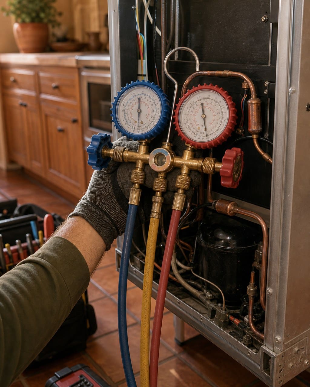 Refrigeration manifold gauges connected to the sealed system of a built-in Sub-Zero